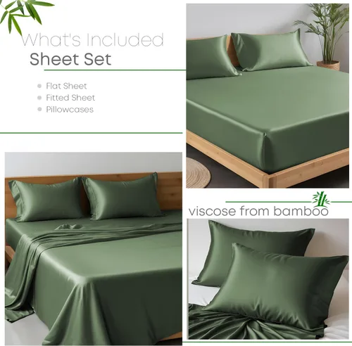 Vista 2 de Linenwalas Juego de sábanas de bambú viscosa 4 piezas tamaño completo - verde aguacate
