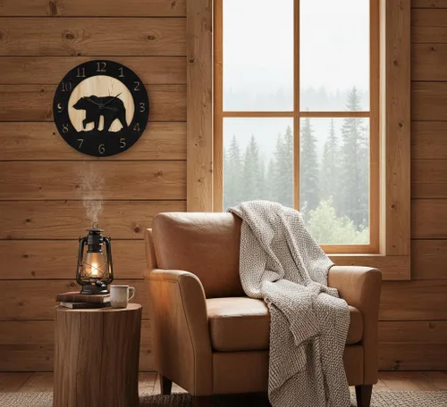 Vista 4 de Young's Inc Reloj de pared tallado con oso de madera, relojes de pared para decoración de sala de estar, reloj de pared funcional y decorativo