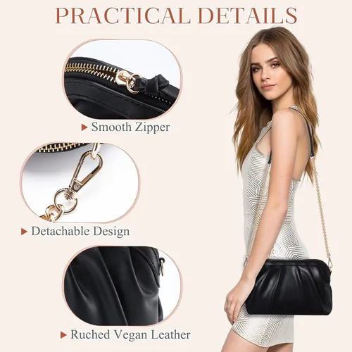 Vista 6 de VASCHY Bolso de mano para mujer, de cuero vegano fruncido, pequeño, formal, de noche, bolso cruzado al hombro, boda, fiesta