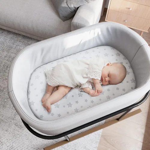 Vista 3 de Juego de sábanas de moisés de 4 piezas para bebé niño o niña, ajuste universal para colchón ovalado, con forma de reloj de arena y rectangular, gris