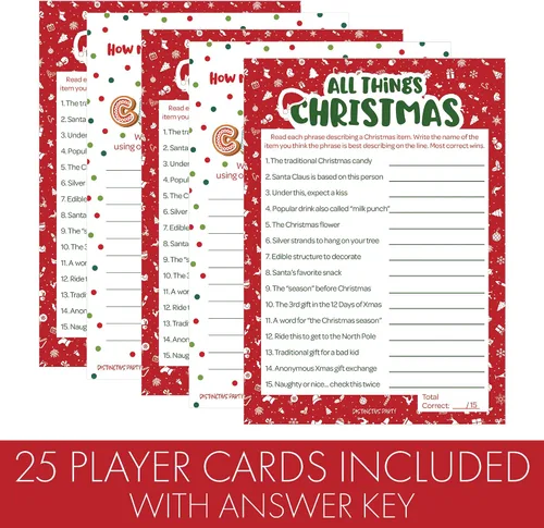 Vista 4 de DISTINCTIVS Juegos de Fiesta de Navidad, (Paquete de 2 Juegos) - Trivia de Todo sobre Navidad y Juego de Palabras Anagramas - 25 Tarjetas de Doble