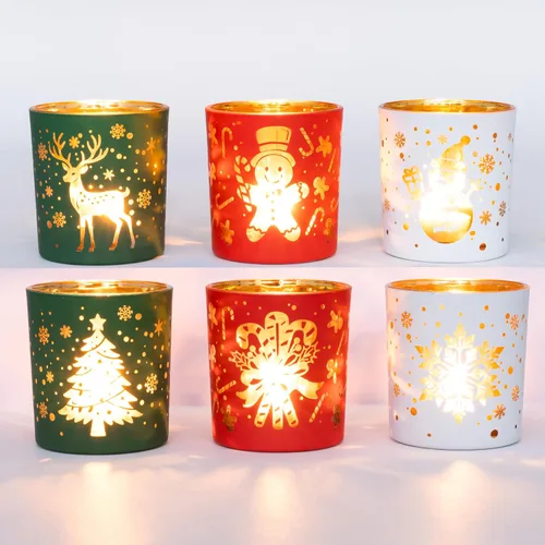 Vista 8 de Portavelas votivas, juego de 3 portavelas de Navidad de cristal negro y dorado, portavelas de té con Papá Noel, reno, patrón de árbol Xmax