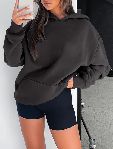 Vista 54 de onlypuff Sudadera casual con capucha para mujer, de manga larga, con bolsillo de canguro, hombro caído