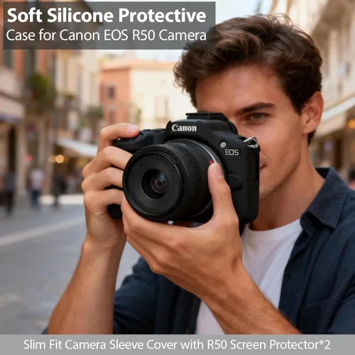 Vista 2 de Funda para cámara Canon EOS R50, funda protectora de silicona suave, antiarañazos, funda ajustada delgada con accesorios de protector de pantalla