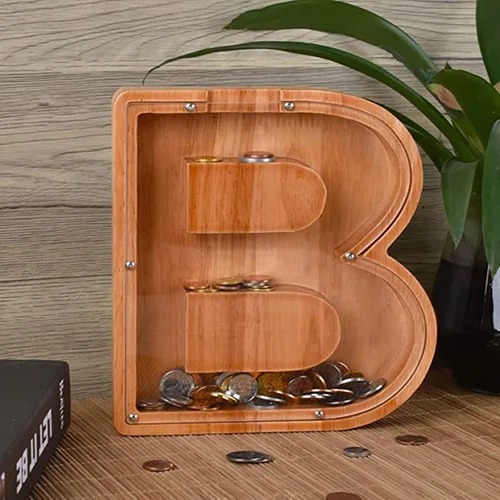 Vista 6 de Alcancía de madera con letras para niños y niñas, 26 letras del alfabeto, caja de ahorro de dinero, regalo de cumpleaños para niños y adultos C