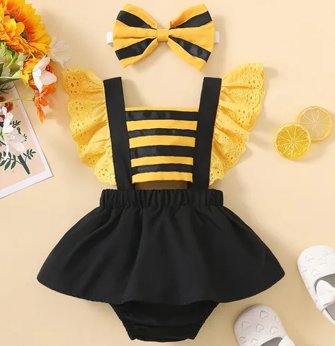Vista 2 de FANCYINN Mameluco de Halloween para bebé niña, disfraz de abeja amarilla con diadema, talla 1-24 meses