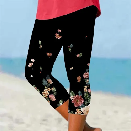 Vista 2 de Featur - Leggings de yoga recortados para mujer, cintura alta, pantalones capri elásticos con costuras de encaje, talla grande, pantalones
