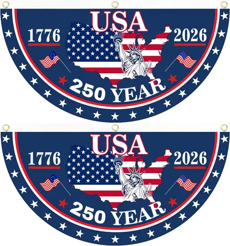 Vista 11 de 2 banderas de Estados Unidos con el número 250 aniversario, banderas de abanico 1776-2026 de 1.5 x 3 pies, bandera de aniversario de 250 años