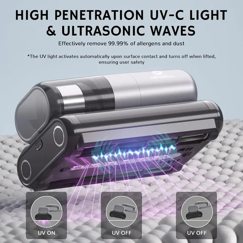 Vista 2 de AIRTHEREAL Aspiradora de colchón M1, aspiradora de cama 6 en 1 con vibración de alta frecuencia, rotación de cepillo doble de 80,000 RPM, luz UV-C