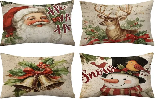 Vista 28 de Juego de 4 fundas de almohada de Navidad de 12 x 12 pulgadas, fundas de almohada de terciopelo de Navidad, fundas de almohada doradas y rojas