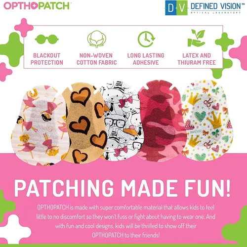 Vista 5 de Opthopatch Defined Vision - Parches para ojos para niños, diseño divertido para niñas [Serie I], 60 + 10 vendajes adhesivos de algodón