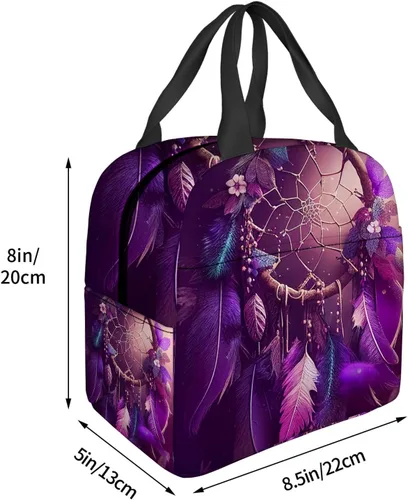 Vista 4 de OOZ Bolsa de almuerzo aislada para mujeres y hombres, atrapasueños con estrellas moradas, reutilizable, a prueba de fugas, linda lonchera