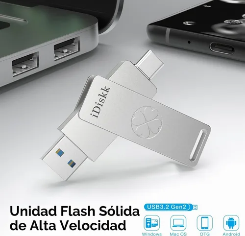Vista 6 de iDiskk - Unidad flash USB C dual de 256 GB, 500 MB/s para iPhone, Android PC, Gen2 SSD