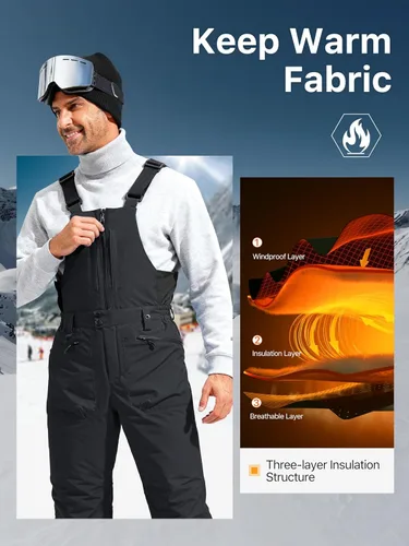 Vista 5 de FREE SOLDIER Overoles de esquí con peto para hombre, impermeables y con aislamiento Negro