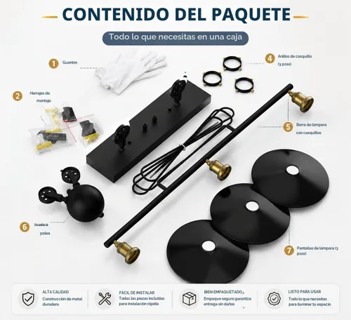Vista 2 de WINSOON Lámpara de 3 cabezas con diseño de poleas creativo, hierro pintado de negro, luz para isla, bar, colgante retro