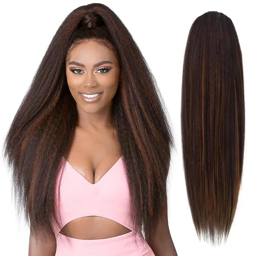 Vista 9 de Cola de caballo recta Yaki de 12 pulgadas con cordón para mujeres negras, sintética, gruesa, recta, longitud del hombro, extensión de cola