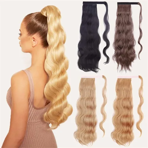 Vista 4 de HIHELO Extensiones de cabello sintético con cola de caballo de 22 pulgadas de largo, ondulado, resistente al calor, para mujer, moño para el cabello