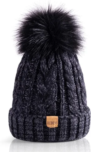 Vista 15 de Redess Gorro de invierno con pompón y forro polar cálido, grueso y holgado, tejido, para la nieve, para esquiar, para mujer Beige
