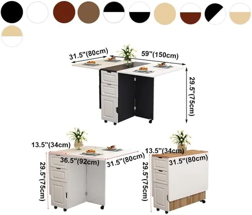 Vista 2 de Mesa de comedor plegable, rectangular de madera maciza, mesa de comedor versátil con ruedas y estantes de almacenamiento, ahorro de espacio