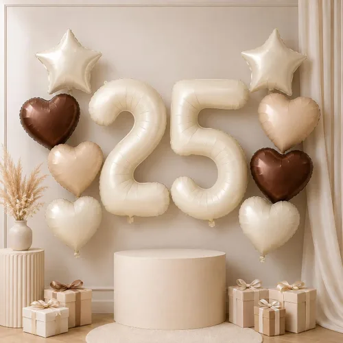 Vista 53 de Decoración de Globos Número 10 de 40 Pulgadas, Globos de Corazón Neutro de Papel de Aluminio Crema Retro Albaricoque Marrón con Globo de Helio