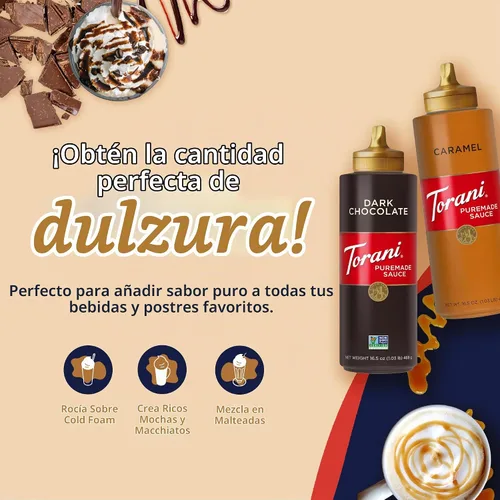 Vista 3 de Torani Puremade Salsa de caramelo y chocolate amargo variado, paquete de 2 para postres y bebidas de café, 16.5 onzas Ea