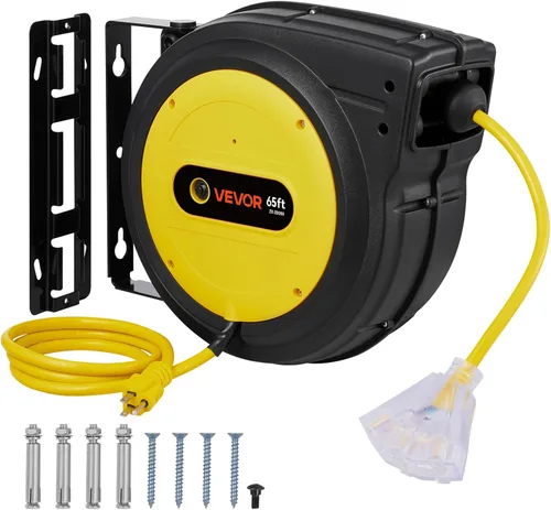 Vista 28 de VEVOR Carrete de cable de extensión retráctil, 30 pies, carrete de cable de alimentación retráctil resistente 16AWG/3C SJTOW con toma triple Rojo