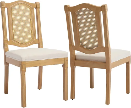 Vista 22 de ODUSE-DAILY Juego de 2 sillas de comedor French Country color beige, sillas de comedor de madera bohemia con respaldo tejido y asiento tapizado