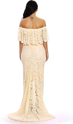 Vista 4 de ZIUMUDY Vestido de maternidad de encaje con volantes y hombros descubiertos para mujer, maxi vestido de fotografía para baby shower