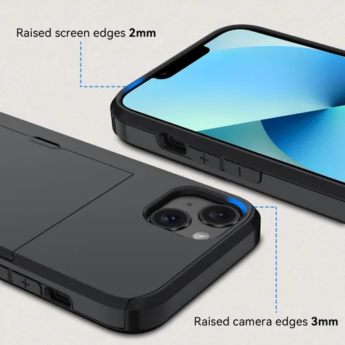 Vista 3 de Qinmay Funda compatible con iPhone 13 con tarjetero, doble capa a prueba de golpes, funda protectora resistente con ranura oculta delgada