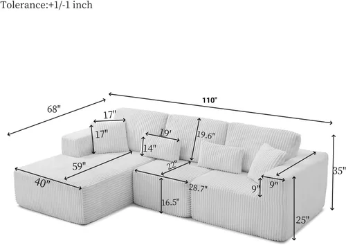Vista 2 de Sofá seccional modular de 110", sofá seccional Cloud con asiento profundo, sofás tapizados sin huesos para sala de estar, sofá modular moderno