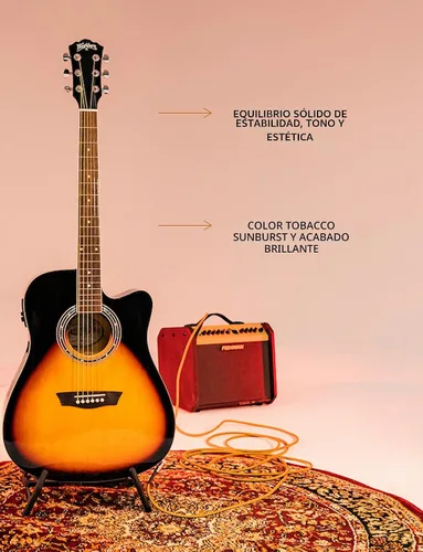 Vista 7 de Washburn Vintage Series - Guitarra acústica-eléctrica de 6 cuerdas, derecha Resplandor solar del tabaco