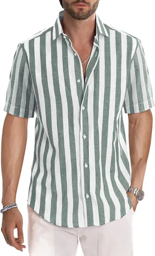 Vista 29 de JMIERR Camisa de vestir a rayas de algodón con botones y manga corta para hombre 1 raya azul cielo