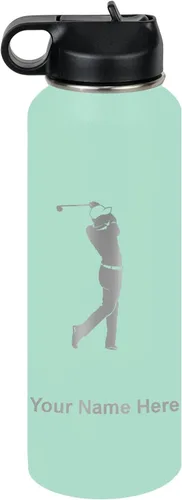 Vista 77 de LaserGram Botella de agua personalizada, golfista de golf, acero inoxidable de doble pared aislada al vacío con popote superior, regalo grabado Negro