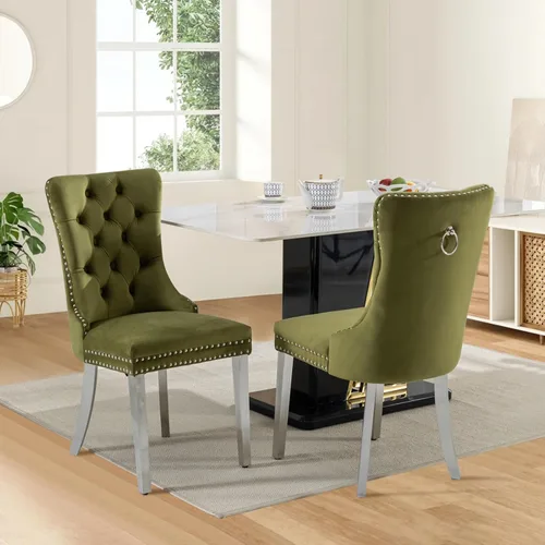 Vista 35 de Juego de 2 sillas de comedor tapizadas de tela de lino, sillas de cocina modernas de mediados de siglo con respaldo alto, ribete de cabeza de clavo
