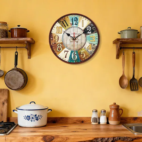 Vista 6 de VIKMARI Reloj de pared de madera de 14 pulgadas, decoración silenciosa del hogar del país francés toscano