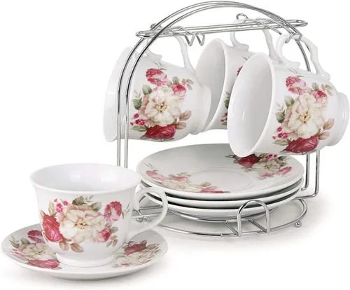 Vista 5 de WORLD GIFTS Elegante juego de tazas de té y platillo de porcelana duradero y colorido con soporte de metal, grano de café, 8 onzas, juego de 4