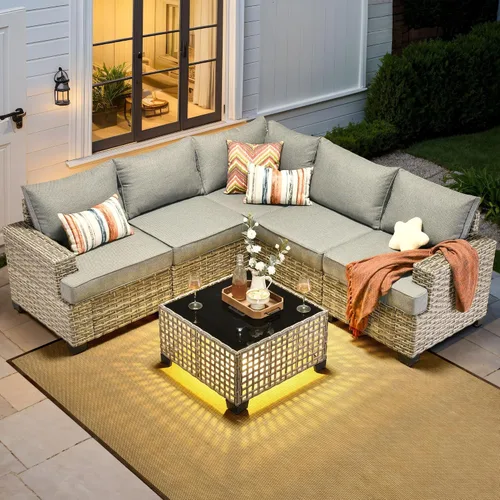 Vista 44 de HOOOWOOO Juego de Muebles Seccionales para Patio al Aire Libre, 6 Piezas Juegos de Conversación de Mimbre Sofá en Forma de L, Sofá Extra Profundo