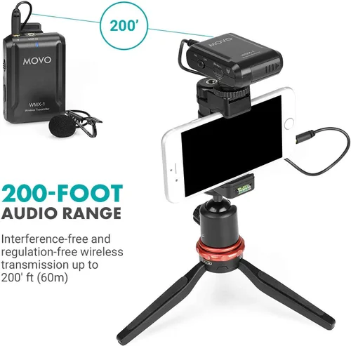 Vista 6 de Movo WMX-1 Sistema de micrófono inalámbrico Lavalier de 2.4 GHz compatible con cámaras DSLR, videocámaras, iPhone, teléfonos inteligentes Android