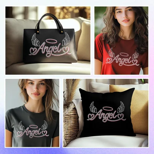 Vista 7 de MAYJOYDIY Alas de transferencia termoadhesivas con texto de ángel con diamantes de imitación, parches de reparación de ropa, apliques de amor