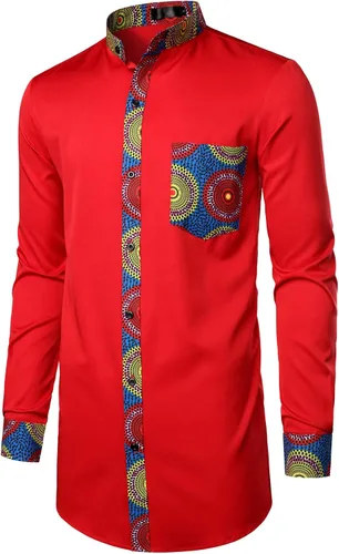 Vista 3 de LucMatton Camisa Dashiki alargada con diseño de retazos de manga larga para hombre
