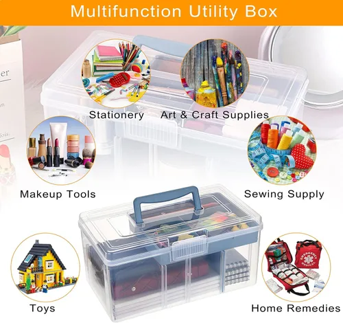 Vista 6 de BTSKY - Caja de almacenamiento de 2 capas de plástico transparente con bandeja extraíble, caja organizadora multiuso para papelería con asa, caja