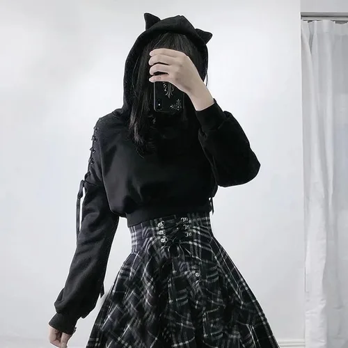 Vista 2 de Sudadera con capucha con orejas de gato para mujer, manga larga, hombros descubiertos, bonita sudadera con capucha
