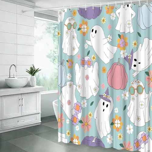 Vista 6 de Halloween Ghost Shower Curtain Spooky Cute 70s Retro Hippie Daisy Funny Bathroom Decor Curtain with Hooks,Blue White