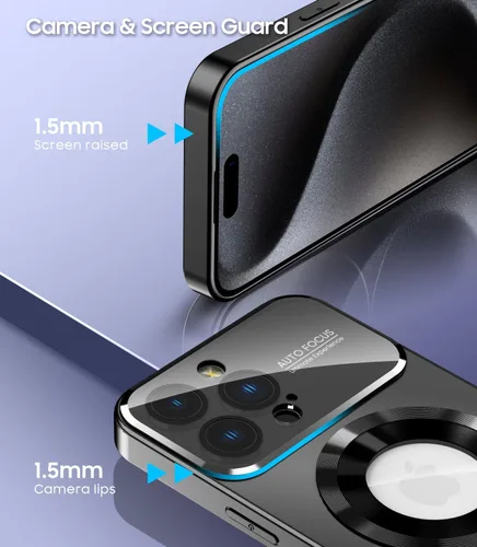 Vista 3 de MAKAVO Funda magnética para iPhone 15 Pro Max, compatible con MagSafe, protector de lente de cámara integrado, vista de logotipo, cubierta de Negro