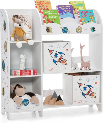 Vista 9 de Costzon Organizador de juguetes y libros para niños, estantería de almacenamiento de madera con 5 estantes abiertos, 2 cajas de almacenamiento y 3