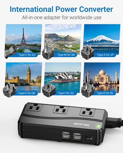 Vista 2 de BESTEK Convertidor de corriente de 250 W de 3 salidas y 4 puertos USB Transformador de voltaje de viaje 220V a 110V con adaptadores de enchufe