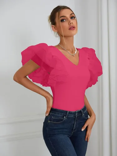 Vista 5 de LYANER Leotardo elástico con cuello en V y mangas de mariposa para mujer