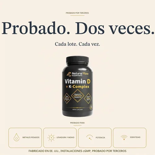 Vista 8 de Natural Flow Vitamina D3 con Complejo K2, 5000 UI, 60 Cápsulas
