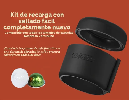 Vista 2 de Geesta - Kit de recarga reutilizable para cápsulas Nespresso Vertuolina, color negro Incluye 80 tapas de sellado de papel de aluminio, soporte