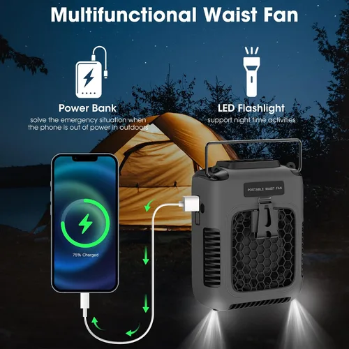 Vista 6 de Ventilador personal portátil recargable de 8000 mAh, ventiladores corporales con 3 velocidades de enfriamiento más rápido y luz LED, ventiladores
